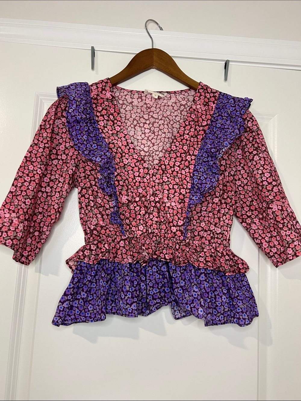 Celina Moon Boho Floral V-Neck Top with Ruffle Tiers - Small